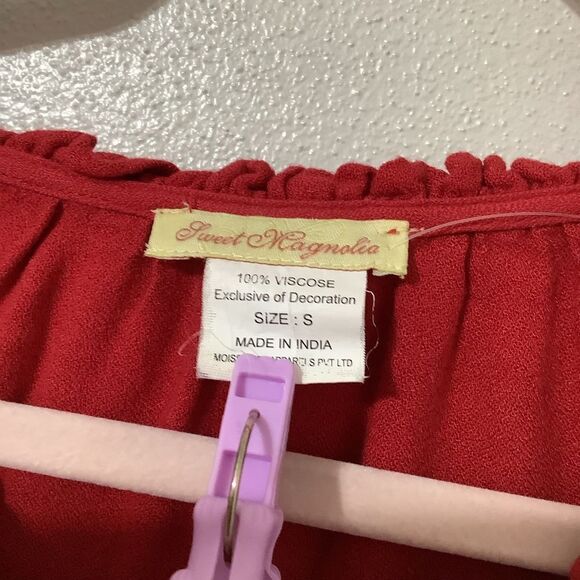 Sweet Magnolia Bohemian Boho Hippie Red Beaded Oversized Peasant Blouse Small - Picture 13 of 14